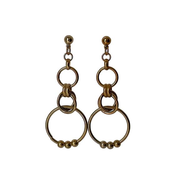 1980s Polished Gold Plate Quadruple Hoops Dangle Boho Stud Clip Pierced Earrings - Picture 1 of 3